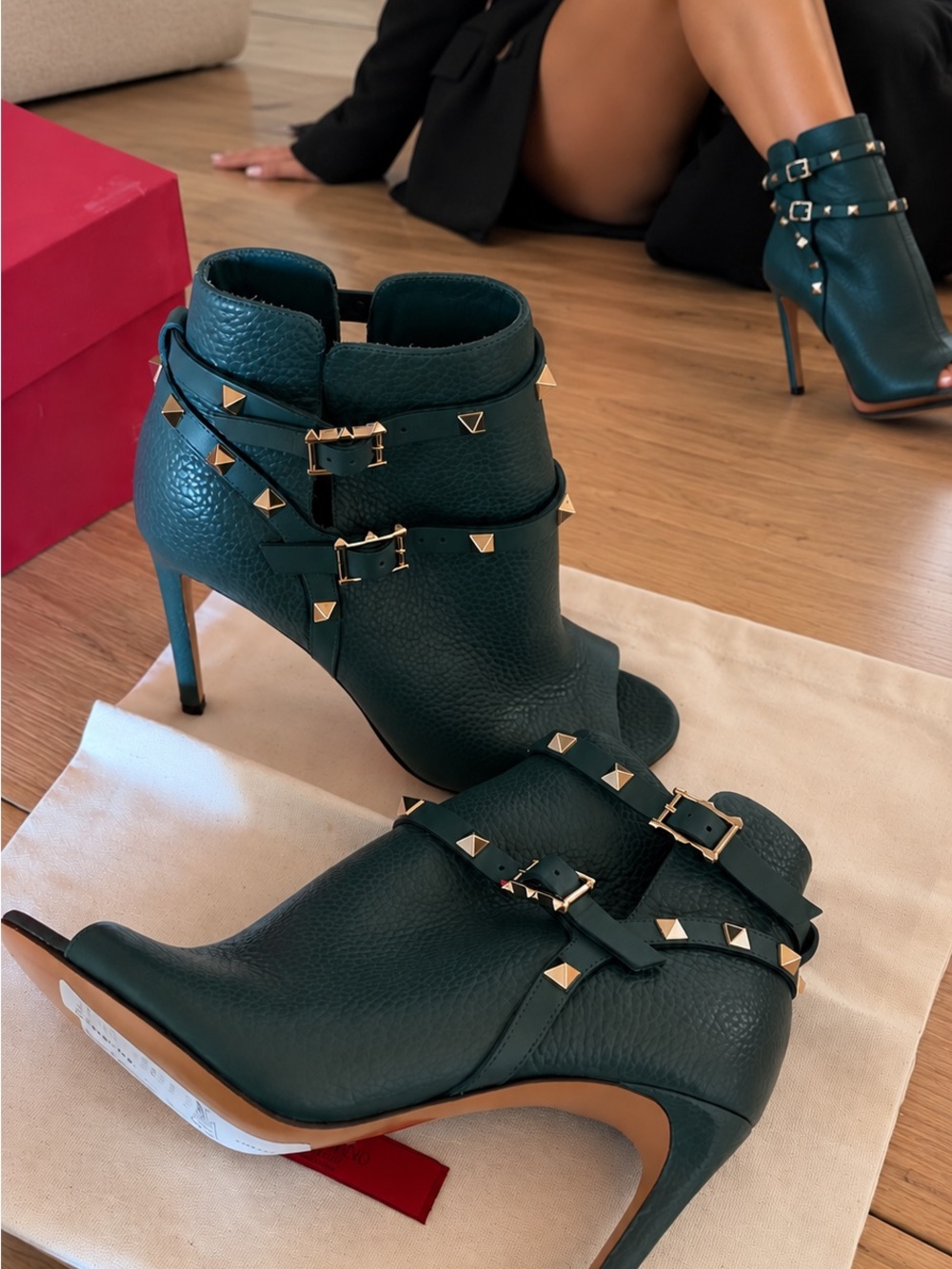 Valentino Garavani Teal Green Studded Leather Peep-Toe Ankle Boots
